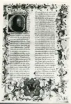 Anonimo lombardo sec. XIV , Iniziale C, Iniziale abitata, Ritratto di Francesco Petrarca, Cornice con motivi decorativi fitomorfi, Stemma