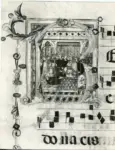 Anonimo senese sec. XIV , Iniziale R, Iniziale istoriata, Scena di funerale, Motivi decorativi fitomorfi, Notazione musicale