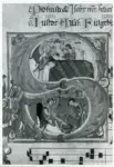Anonimo sec. XIV , Iniziale S, Iniziale istoriata, Nascita di Maria Vergine, Motivi decorativi fitomorfi, Notazione musicale