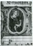 Anonimo sec. XIV , Iniziale S, Iniziale istoriata, Santa martire, Motivi decorativi fitomorfi, Notazione musicale