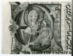 Anonimo pisano sec. XIV , Iniziale E, Iniziale abitata, Madonna con Bambino, Motivi decorativi fitomorfi