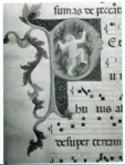 Turone di Maxio , Iniziale P, Iniziale abitata, Iniziale figurata, Putto, Motivo decorativo antropomorfo , Notazione musicale