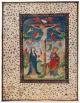 Maestro delle Ore del maresciallo Boucicaut, attr. , Crocifissione di Cristo con i dolenti, Cornice con motivi decorativi fitomorfi