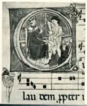 Anonimo sec. XIV , Iniziale E, Iniziale istoriata, Motivo decorativo antropomorfo , Notazione musicale