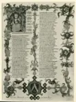 Anonimo fiorentino sec. XIV , Iniziale N, Iniziale abitata, Allegoria della Giustizia, Cornice con motivi decorativi fitomorfi e animali, Stemma