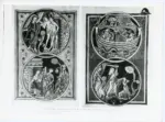 Anonimo , Psautier de saint Louis et de Blanche de Castille (Biblioth&egrave;que de l'Arsenal) - Adam et Eve chass&eacute; du Paradis terrestre par l'Ange; Adame et Eve apr&egrave;s le p&eacute;che: Adam b&ecirc;che; Eve file - L'arche de No&egrave;; le sacrifice d'Abraham