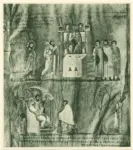 Anonimo bizantino sec. VI , Pagina purpurea, Cristo davanti a Pilato, Giuda davanti al Sinedrio restituisce i trenta denari, Morte di Giuda
