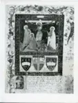 Jacopo di Paolo , Crocifissione di Cristo con i dolenti e santa Maria Maddalena, Stemmi, Cornice con motivi decorativi fitomorfi e geometrici