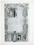 &nbsp; , Iniziale M, Iniziale abitata, Scena di dedica di un libro, Immagine di citt&agrave;, Cornice con motivi decorativi fitomorfi