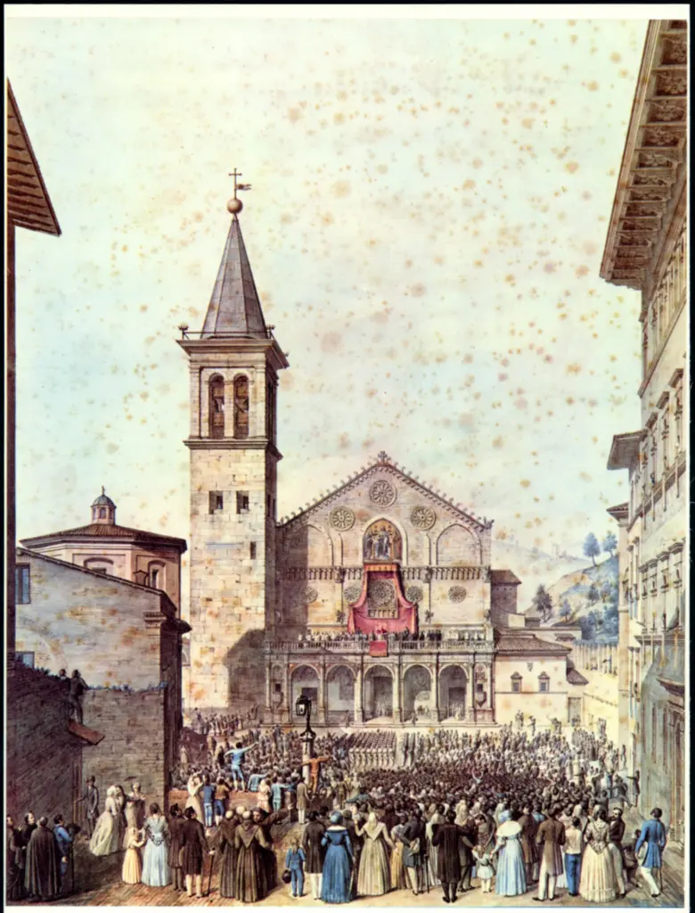 Anonimo , Catena, Giovanni - sec. XIX - Spoleto, piazza del Duomo, Benediz. del Papa Gregorio XVI, 5-9-1841 , fronte