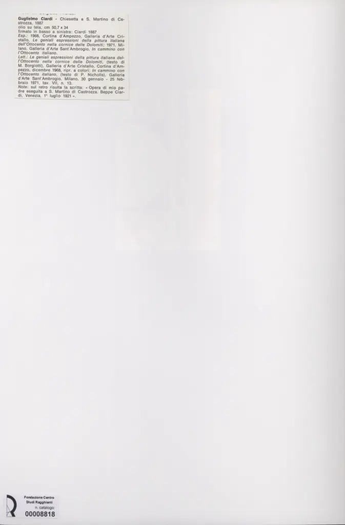 Anonimo , Ciardi, Guglielmo - sec. XIX - Chiesetta a S. Martino di Castrozza , retro