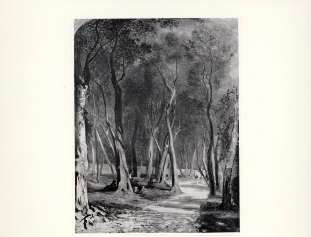 Fontanesi, Antonio , Paesaggio boscoso con Cavaliere -