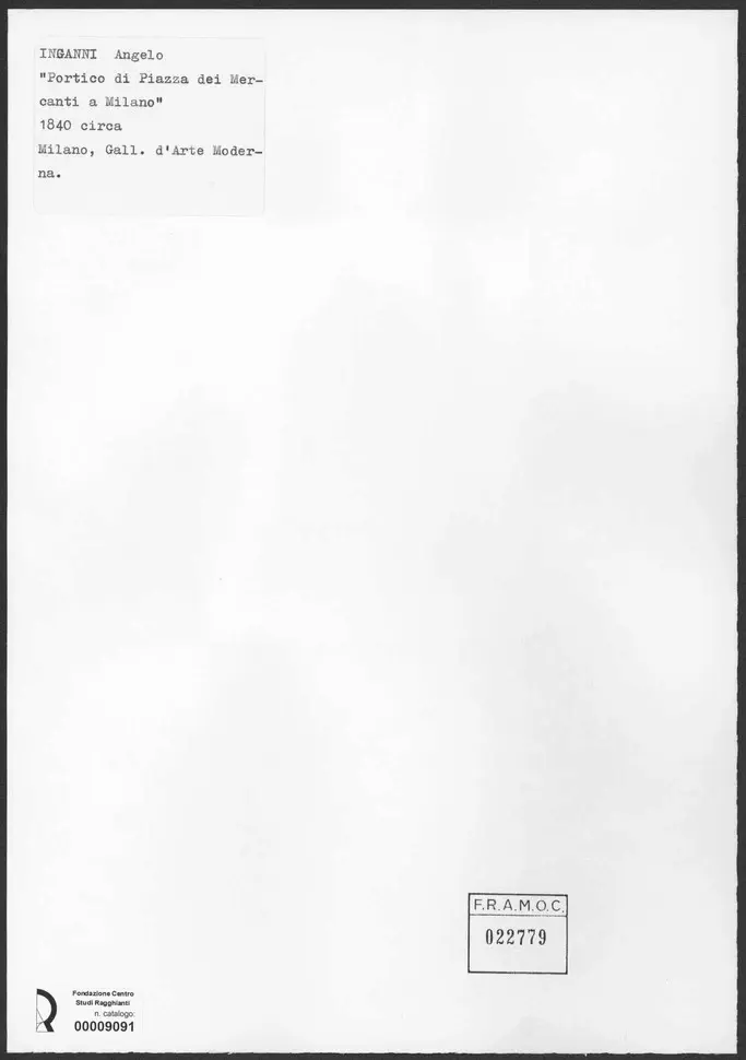 Anonimo , Inganni, Angelo - sec. XIX - Portico di piazza dei mercanti a Milano , retro