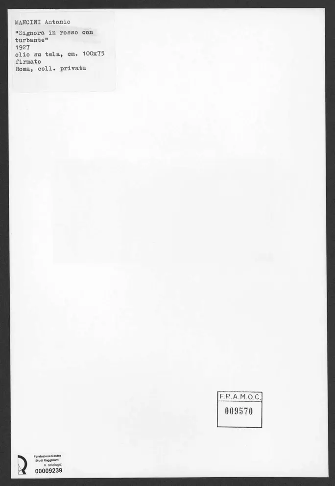 Anonimo , Mancini, Antonio - sec. XX - Signora in rosso con turbante , retro