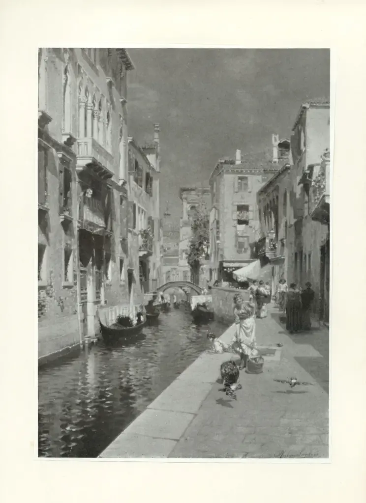 Anonimo , Santoro, Rubens - sec. XIX/ XX - A Venetian backwater, with figures, shops, and a distant dome , fronte