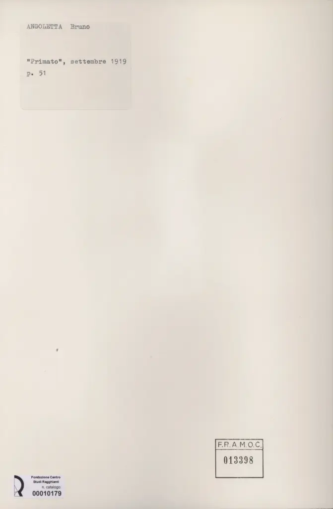 Anonimo , Angoletta, Bruno - sec. XX - Primato , retro