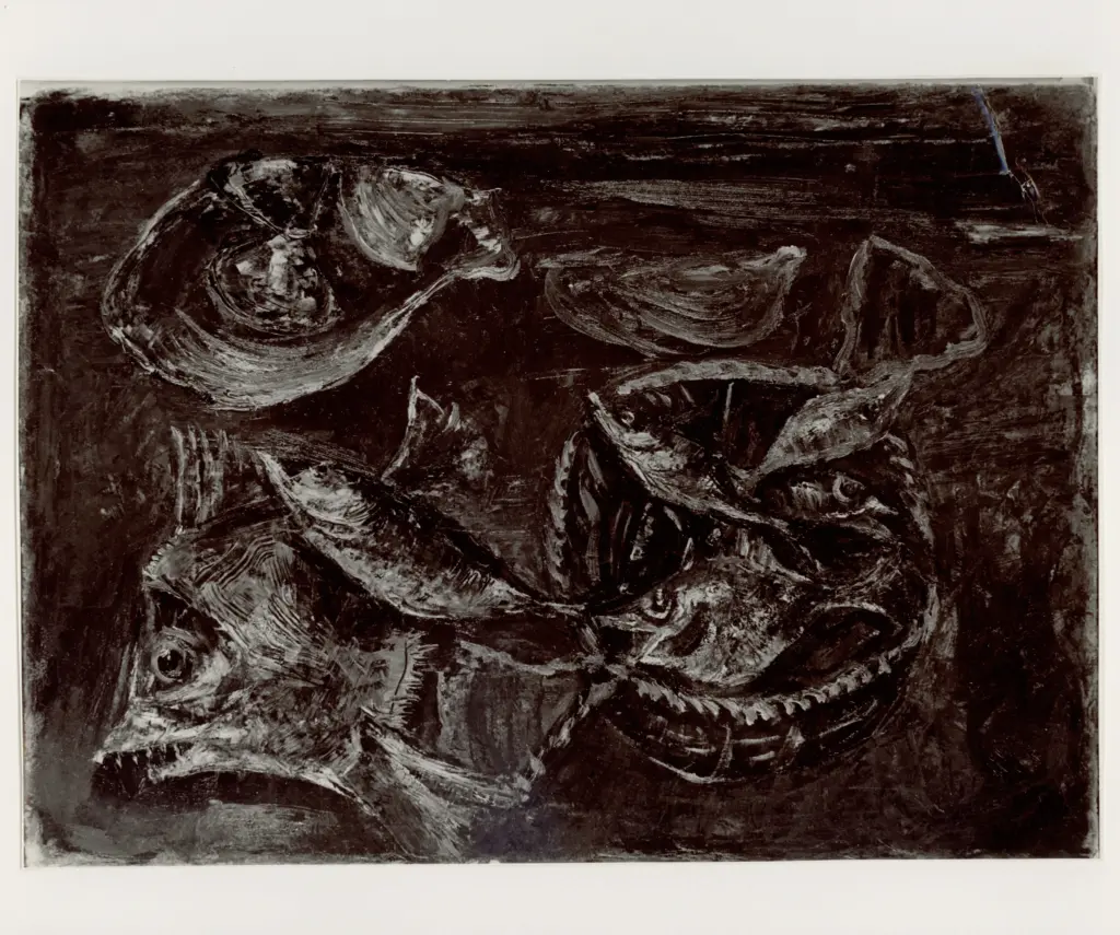 Anonimo , Barbieri, Carlo - sec. XX - Pesci sulla spiaggia , fronte