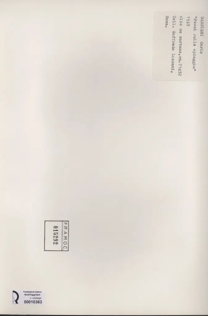 Anonimo , Barbieri, Carlo - sec. XX - Pesci sulla spiaggia , retro