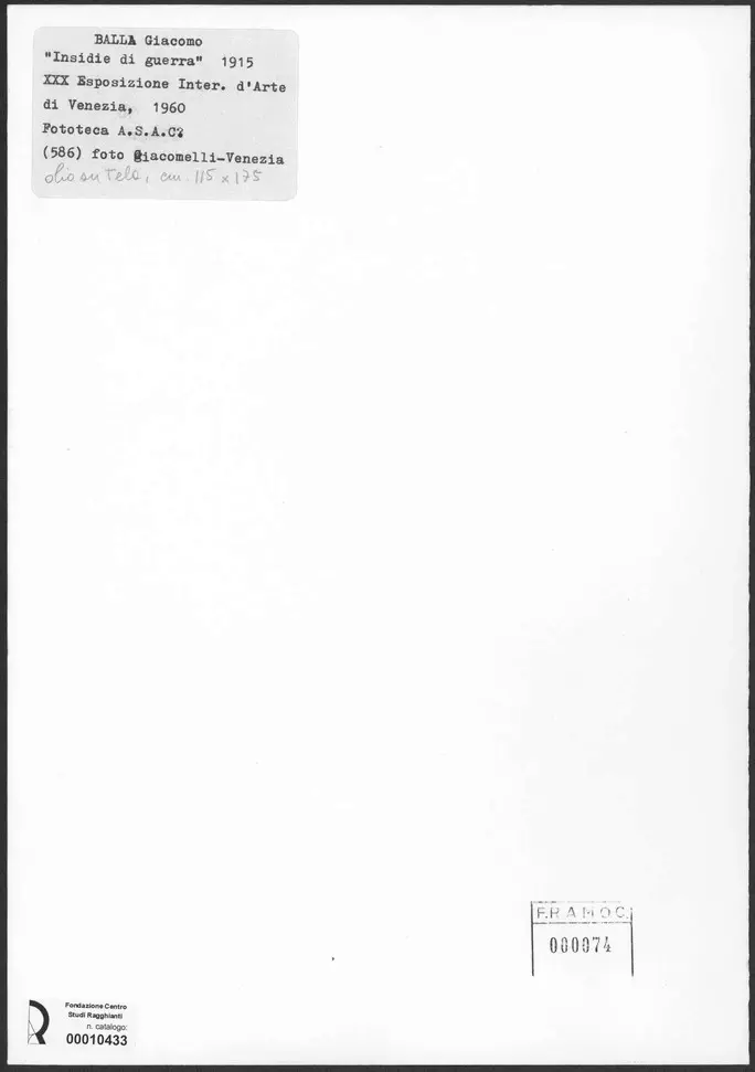 Giacomelli , Balla, Giacomo - sec. XX - Insidie di guerra , retro