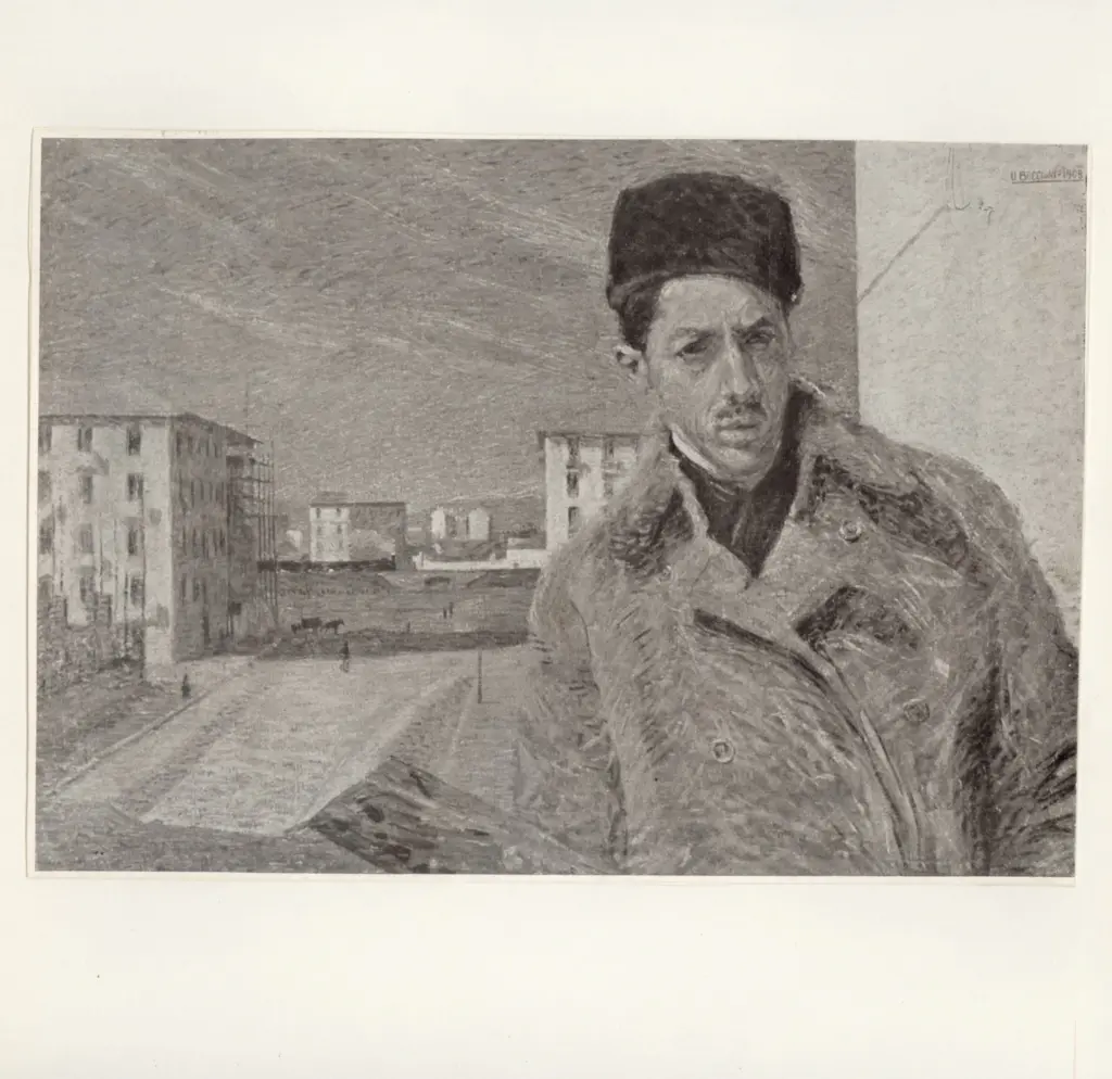 Anonimo , Boccioni, Umberto - sec. XX - Portrait de l'artiste par lui meme avec paysage de banlieue (Autoritratto con paesaggio di periferia) , fronte