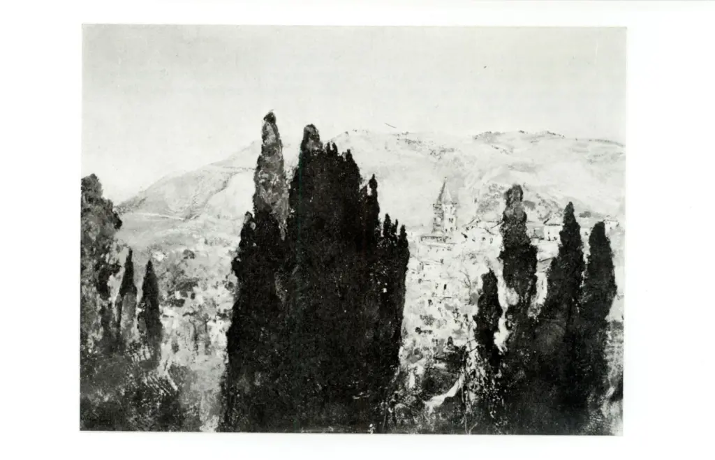 Casciaro, Giuseppe , Veduta di Tivoli con Villa d'Este - Cipressi in primo piano