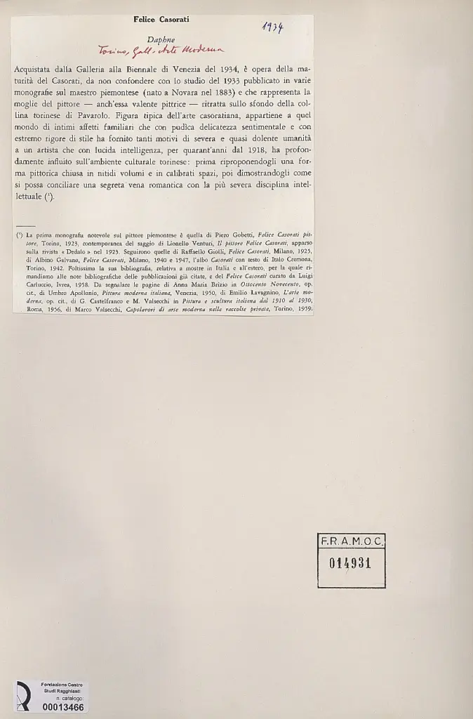 Anonimo , Casorati, Felice - sec. XX - Daphne , retro