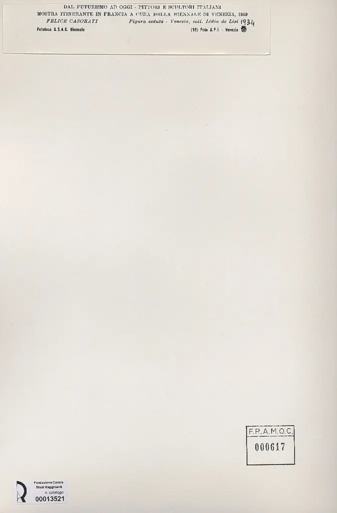 A.F.I. Agenzia Fotografica Industriale , Casorati, Felice - sec. XX - Figura seduta , retro