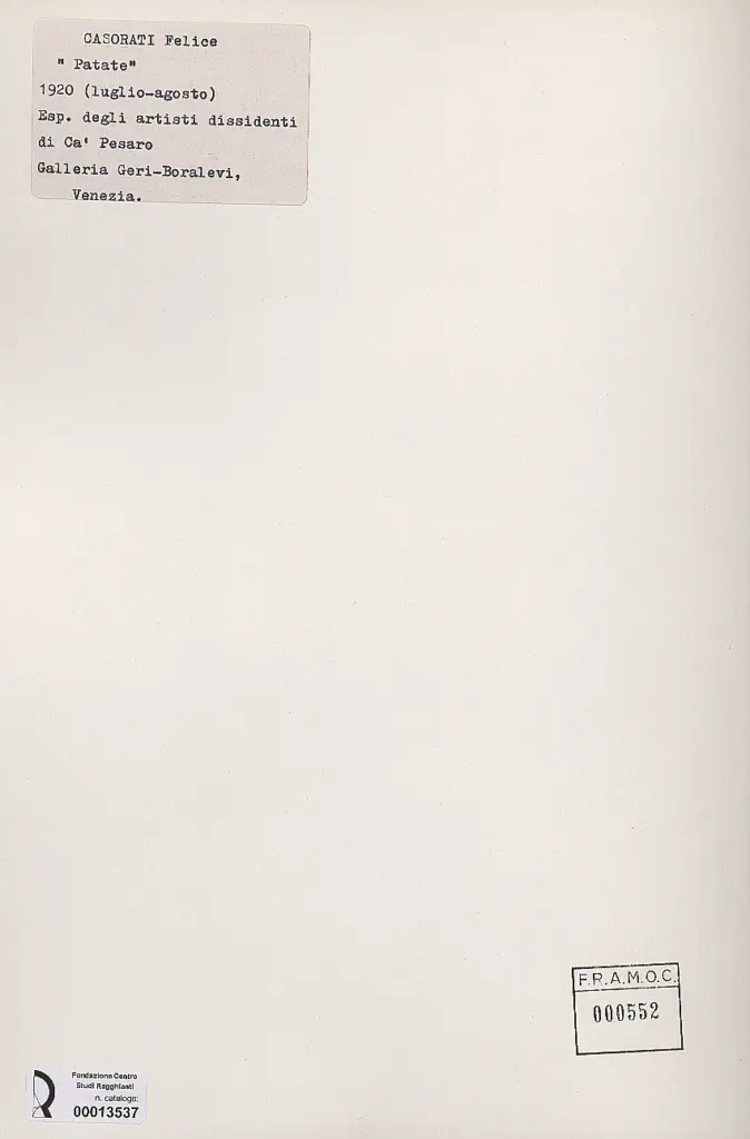 Anonimo , Casorati, Felice - sec. XX - Patate , retro