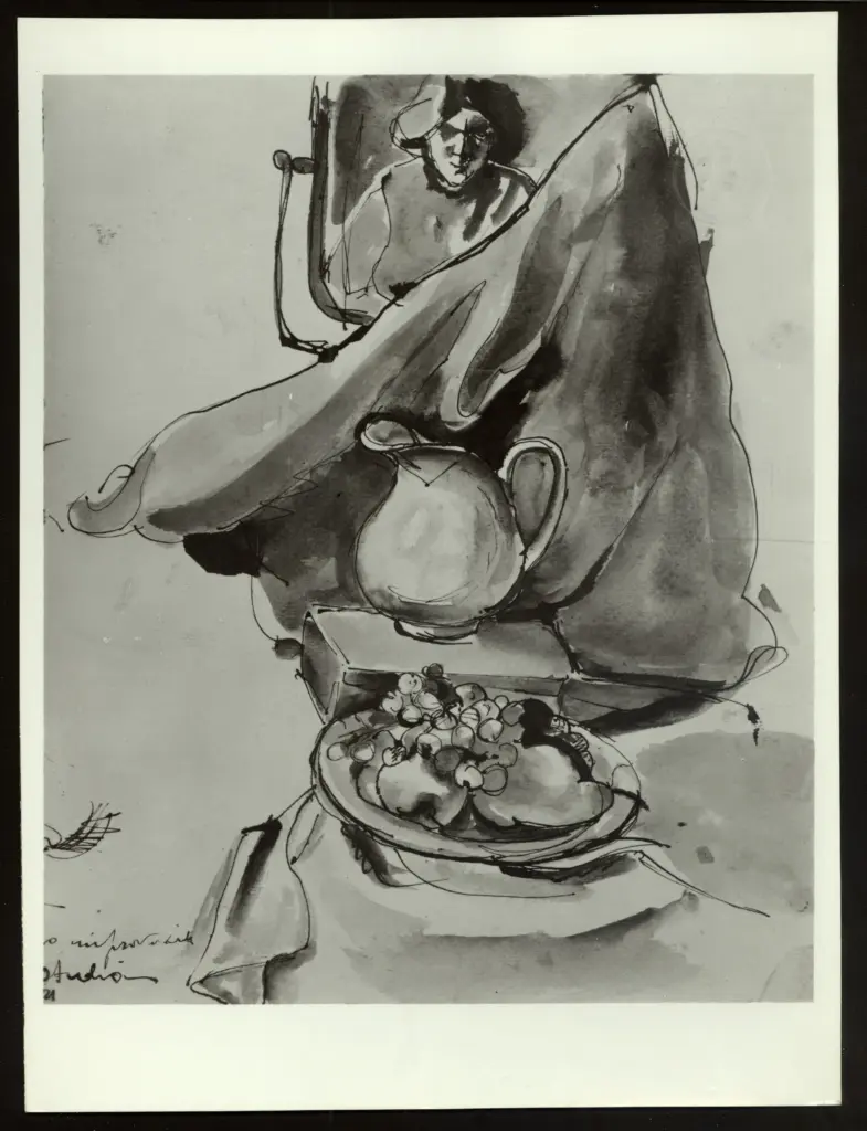 Anonimo , Colliva, Lea - sec. XX - Studio con specchio, brocca e piattino di frutta , fronte