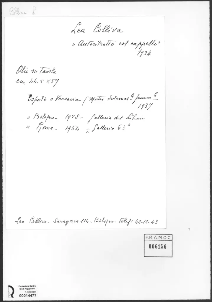 Anonimo , Colliva, Lea - sec. XX - Autoritratto col cappello , retro