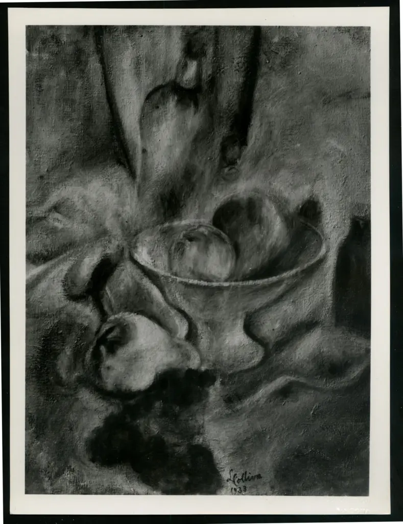 Fototecnica Bolognese , Colliva, Lea - sec. XX - Natura morta con uva rossa, bottiglia e vaso nel fondo , fronte