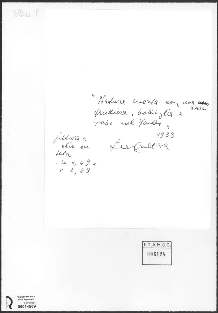 Fototecnica Bolognese , Colliva, Lea - sec. XX - Natura morta con uva rossa, bottiglia e vaso nel fondo , retro