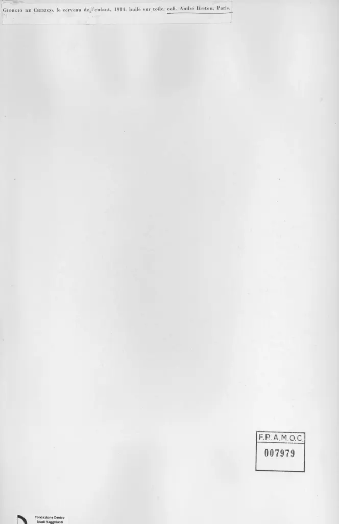 Anonimo , De Chirico, Giorgio - sec. XX - Il cervello del bambino , retro