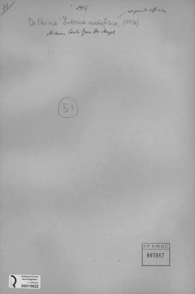 Anonimo , De Chirico, Giorgio - sec. XX - Interno metafisico , retro