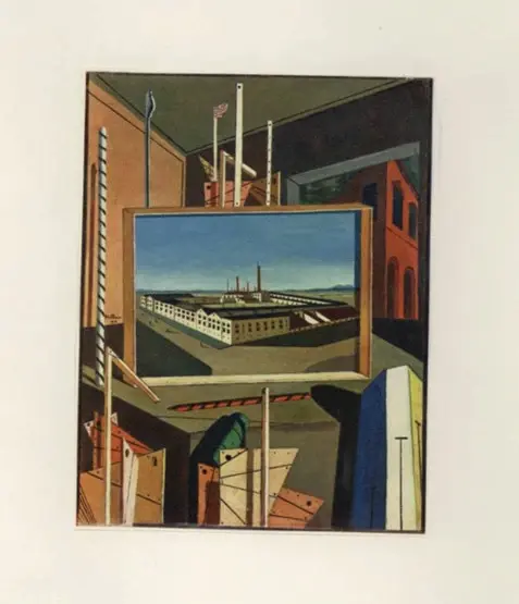 Anonimo , De Chirico, Giorgio - sec. XX - Interno con fabbrica , fronte