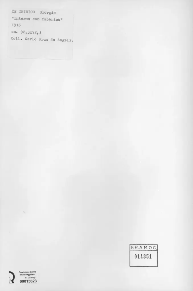 Anonimo , De Chirico, Giorgio - sec. XX - Interno con fabbrica , retro