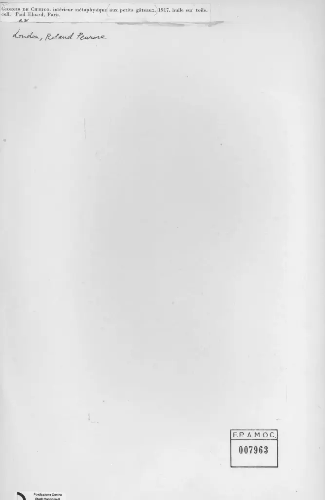 Anonimo , De Chirico, Giorgio - sec. XX - Interno metafisico con piccoli dolci , retro