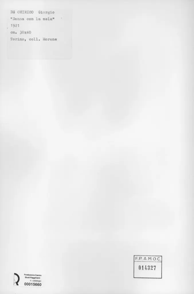 Anonimo , De Chirico, Giorgio - sec. XX - Donna con la mela , retro