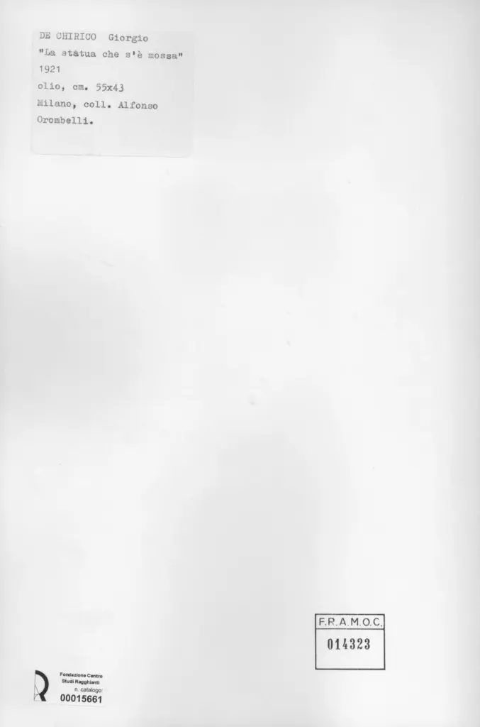 Anonimo , De Chirico, Giorgio - sec. XX - La statua che s'&egrave; mossa , retro