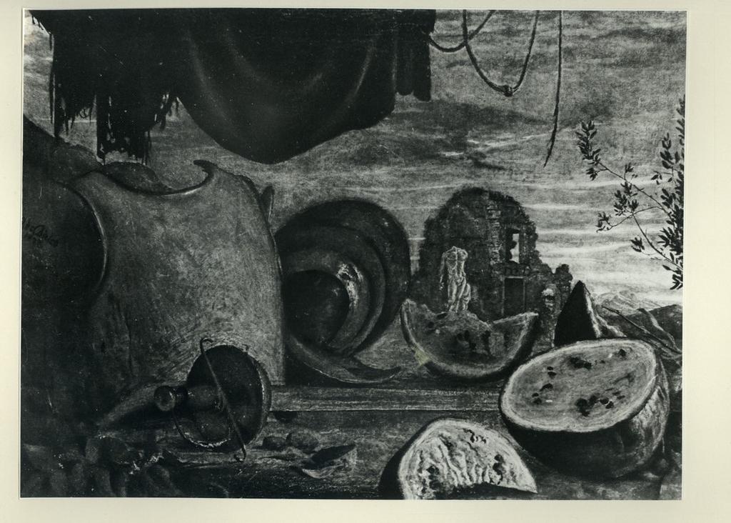 Anonimo , De Chirico, Giorgio - sec. XX - Natura morta con cocomeri e corazza , fronte