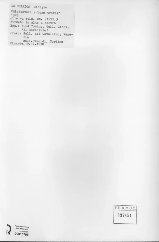 Anonimo , De Chirico, Giorgio - sec. XX - Gladiatori e loro trofei , retro