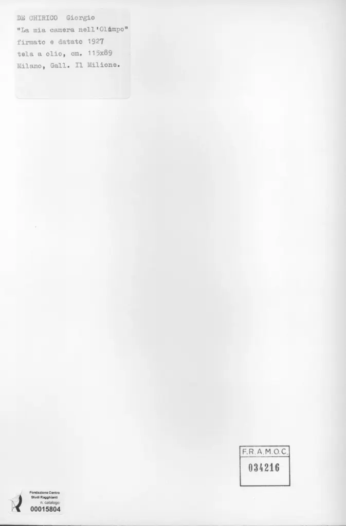 Anonimo , De Chirico, Giorgio - sec. XX - La mia camera nell'Olimpo , retro