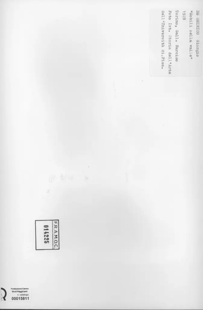 Universit&agrave; di Pisa. Dipartimento di Storia delle Arti , De Chirico, Giorgio - sec. XX - Mobili nella valle , retro