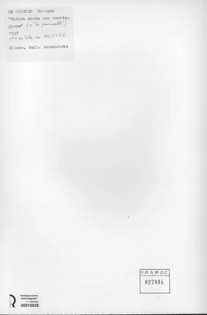 Anonimo , De Chirico, Giorgio - sec. XX - Le pavoncelle - Natura morta con cacciagione , retro