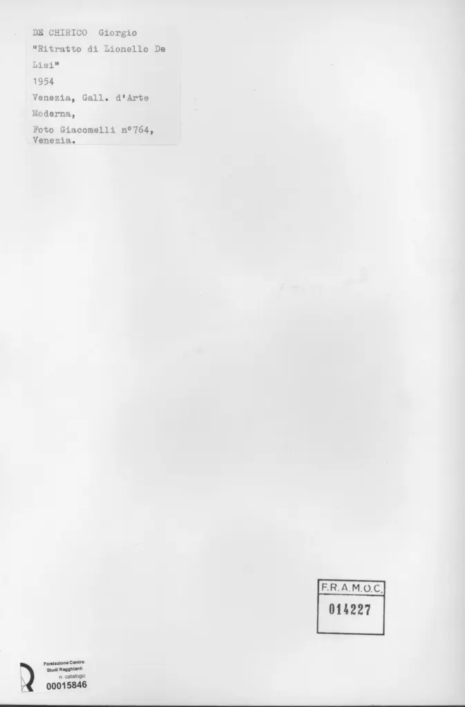 Giacomelli , De Chirico, Giorgio - sec. XX - Ritratto di Lionello De Lisi , retro