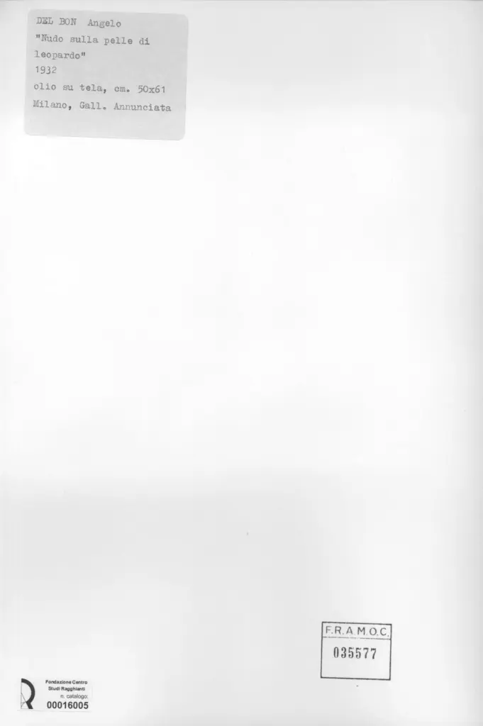 Anonimo , Del Bon, Angelo - sec. XX - Nudo sulla pelle di leopardo , retro