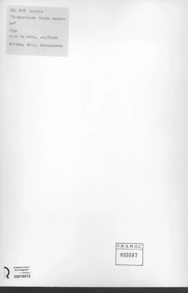 Anonimo , Del Bon, Angelo - sec. XX - Biancospini fondo marrone , retro