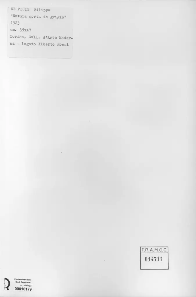 Anonimo , De Pisis, Filippo - sec. XX - Natura morta in grigio , retro