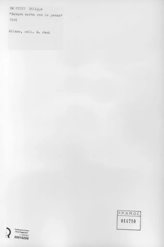Anonimo , De Pisis, Filippo - sec. XX - Natura morta con la penna , retro