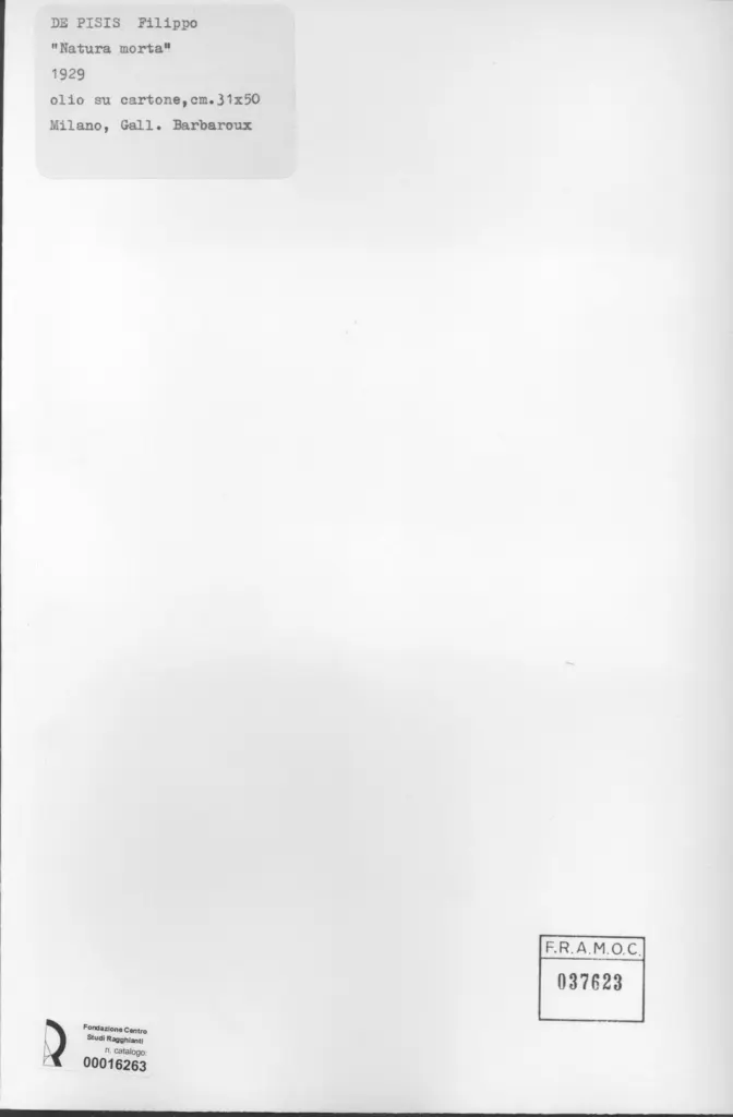 Anonimo , De Pisis, Filippo - sec. XX - Natura Morta , retro